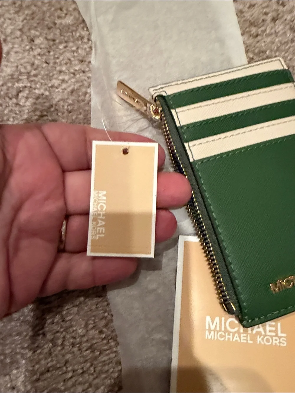Michael Kors Green and Cream Saffiano Card Case with Zip